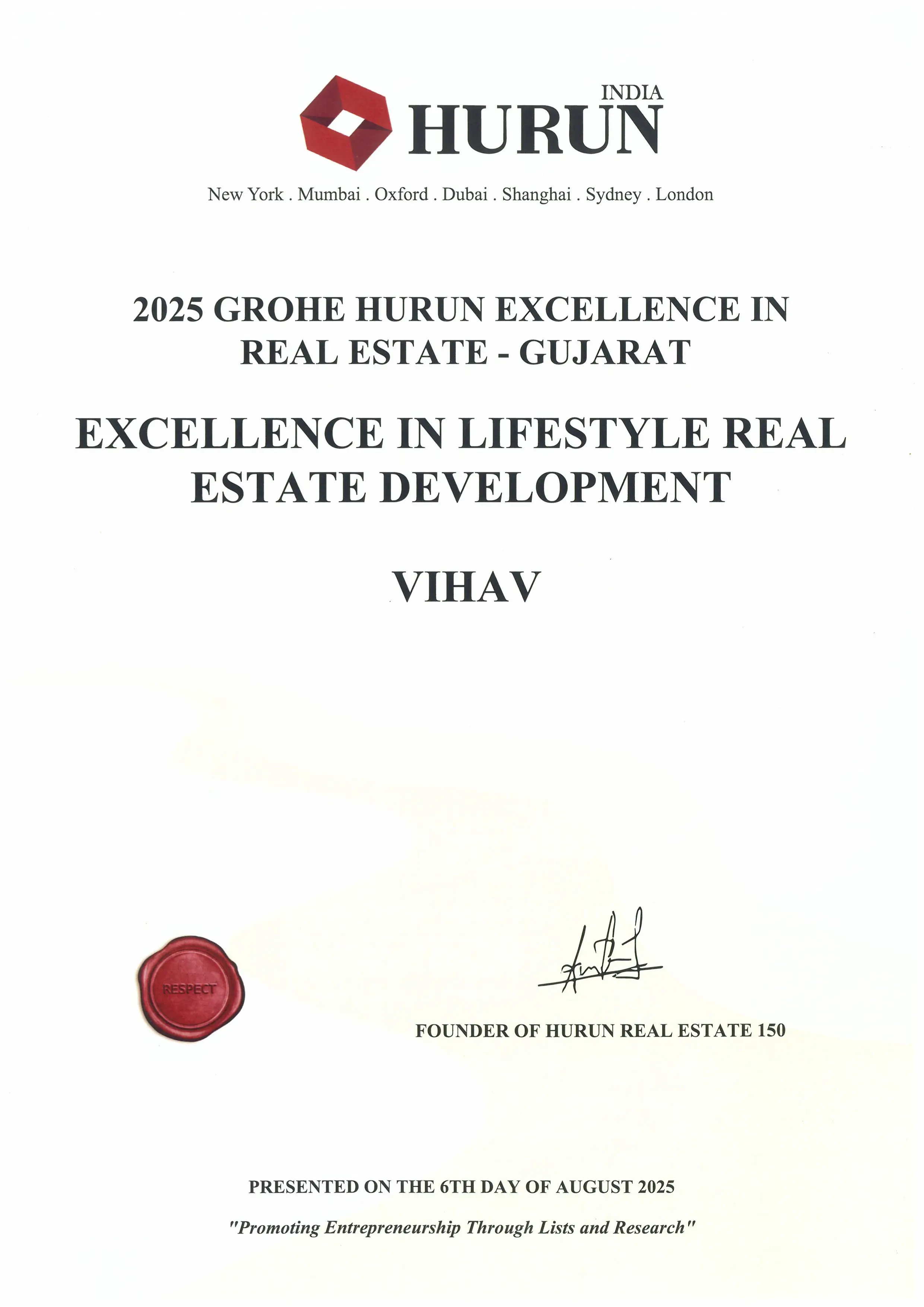Vihav Group Award Certificate